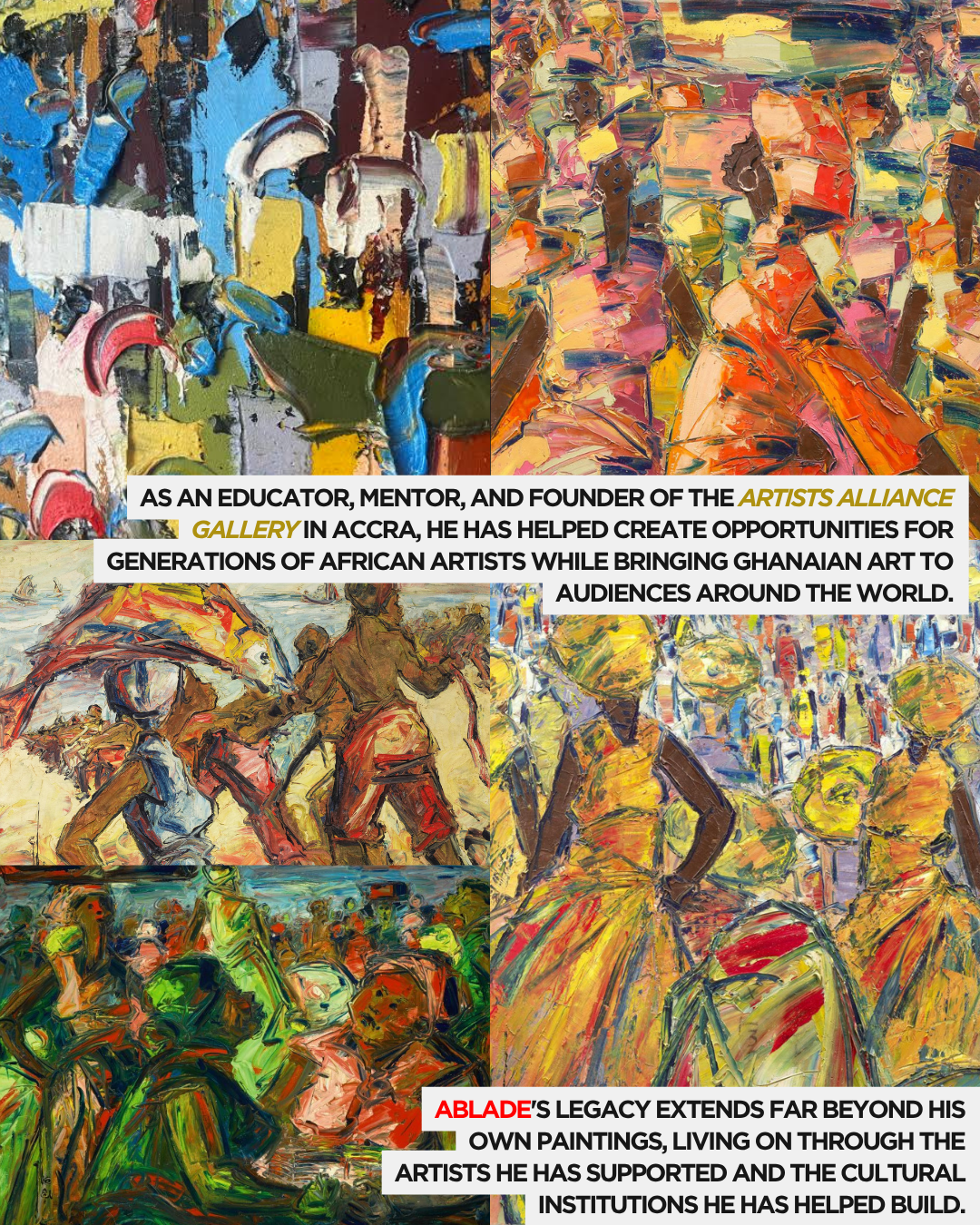 A collage of vibrant abstract and figurative paintings showcasing diverse themes in African art, highlighting the influence of a prominent Ghanaian educator and mentor in the arts.