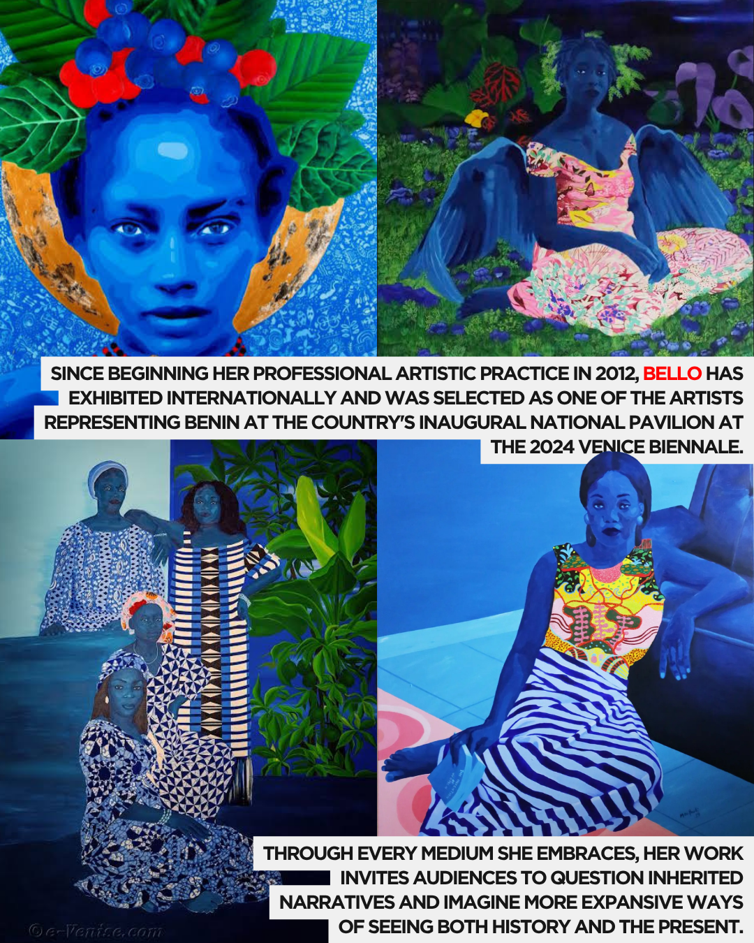 A vibrant art collage featuring various portraits of women with blue skin tones, showcasing colorful patterns and intricate designs in their clothing. The images highlight the work of an artist representing Benin at the 2024 Venice Biennale.