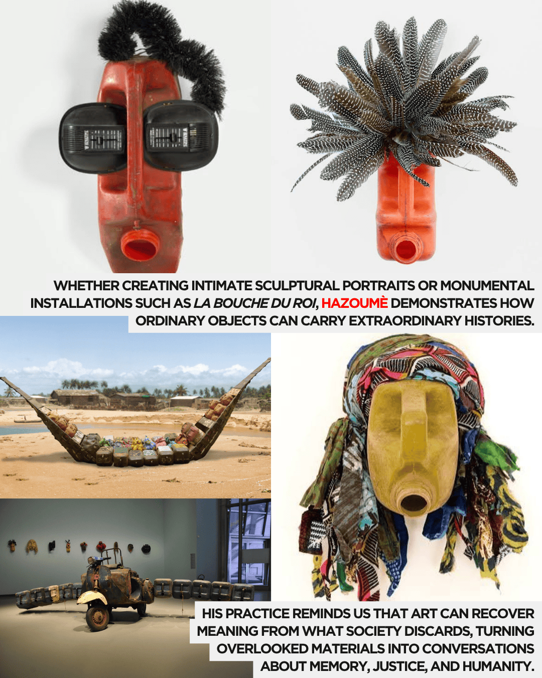 A collection of artistic sculptures made from repurposed materials, including a colorful mask-like figure, a hammock filled with bags, and an installation featuring an old vehicle.