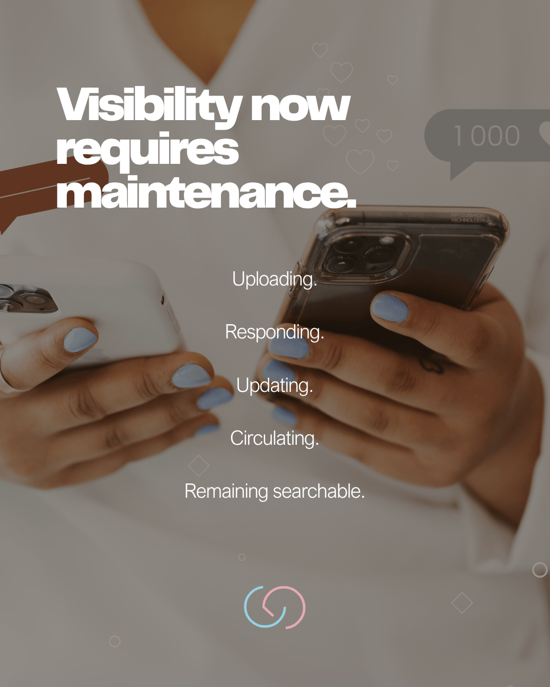 A person holding two smartphones with visible text overlay that reads, 'Visibility now requires maintenance.' The text includes the keywords: 'Uploading.', 'Responding.', 'Updating.', 'Circulating.', and 'Remaining searchable.' The background is softly blurred.
