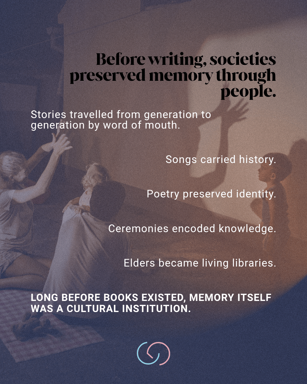 An artistic visual representing oral traditions, featuring abstract figures and text about memory preservation in societies before writing.