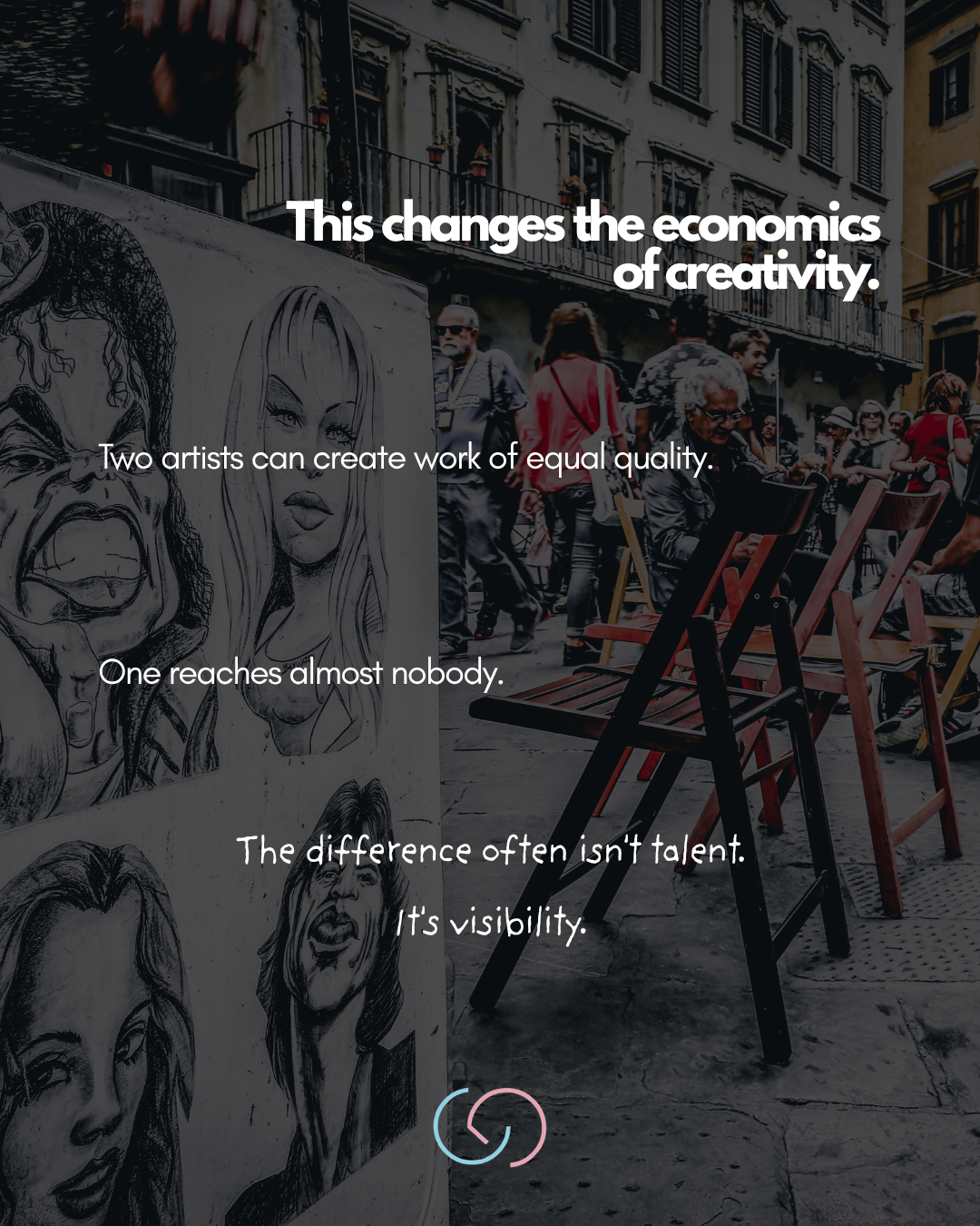 Street artists showcasing caricatures in a busy urban setting, with text overlay discussing the economics of creativity and visibility.