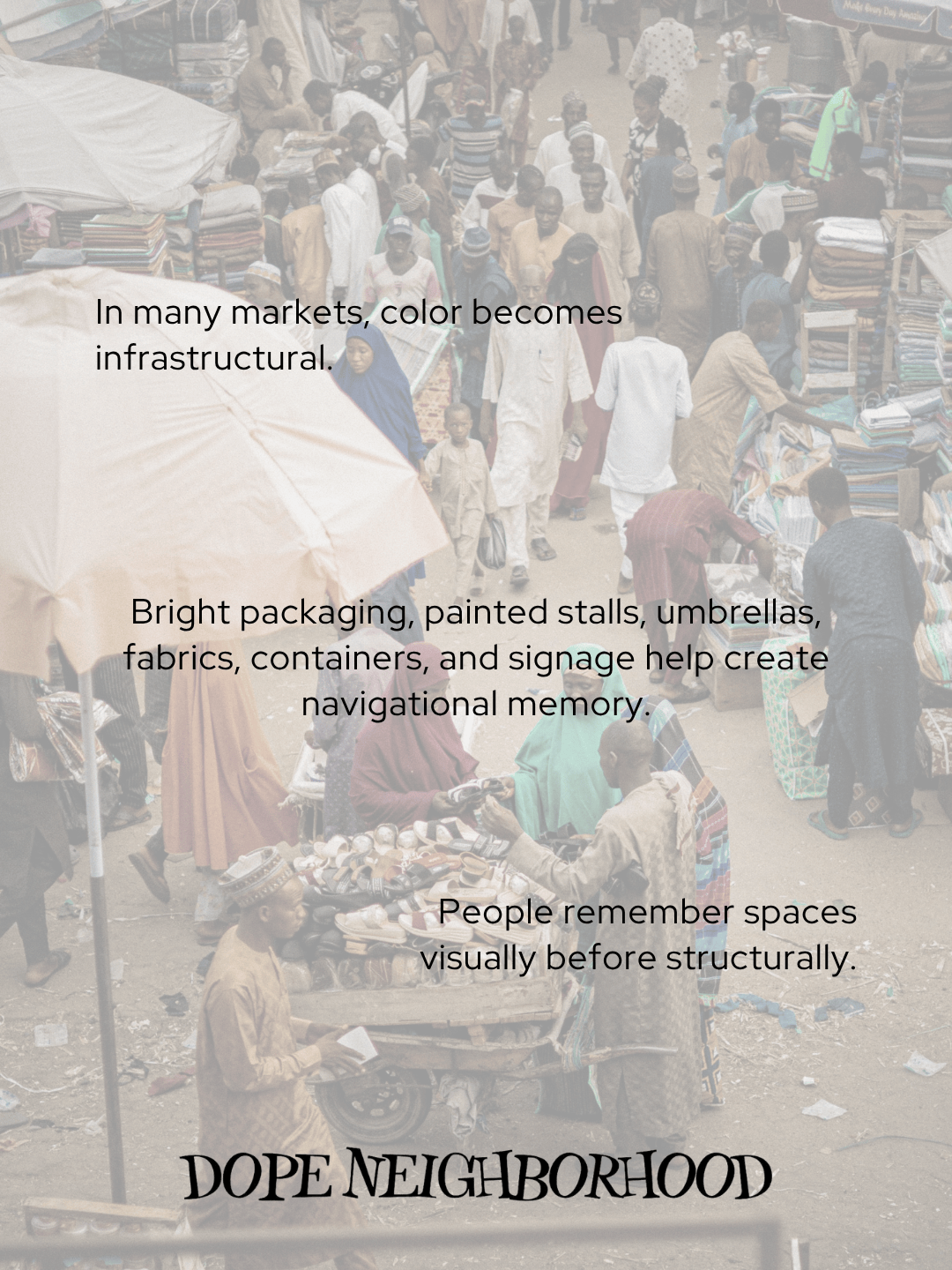 A bustling market scene with colorful stalls, umbrellas, and people shopping. Brightly packaged goods and vibrant fabrics create a visually rich environment, illustrating the significance of color in navigational memory.