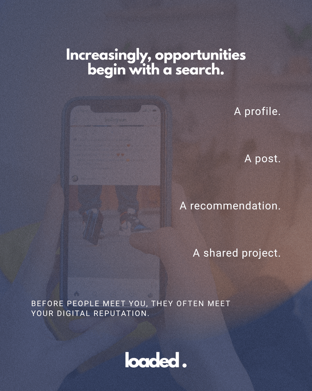 Person holding a smartphone displaying an Instagram profile, with text highlighting the importance of digital reputation and online presence.
