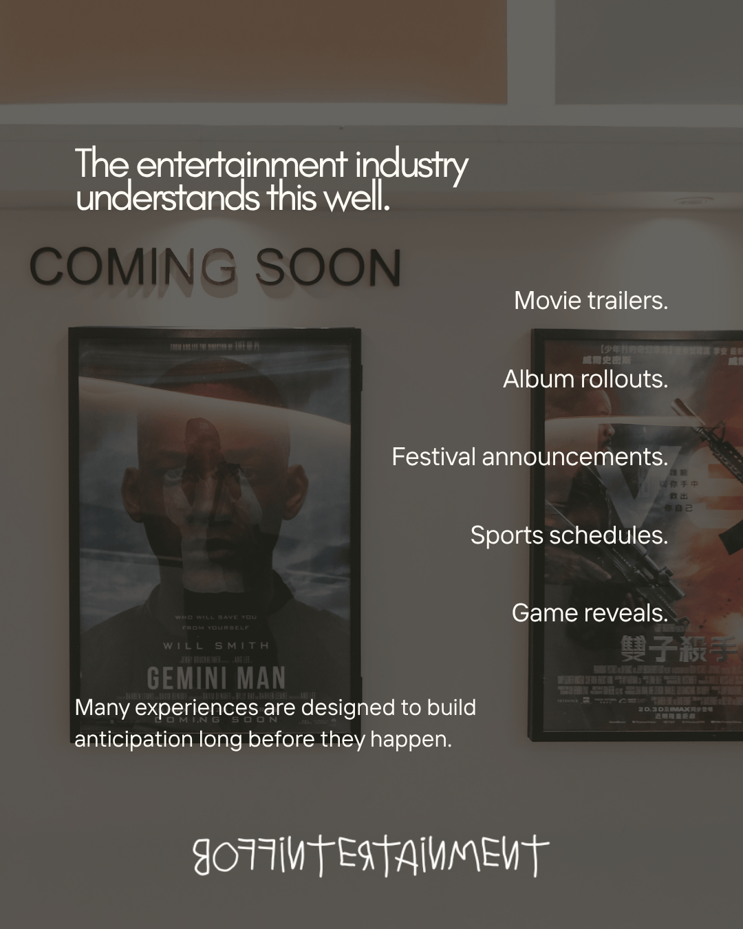 A wall displaying movie posters with the text 'COMING SOON' at the top, emphasizing the entertainment industry's strategy to generate anticipation for upcoming releases.