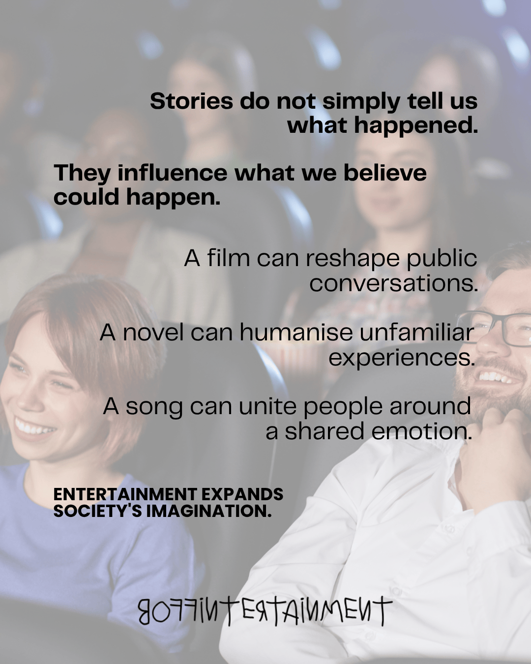 A diverse audience enjoying a storytelling event, with text overlay discussing the impact of stories on society's imagination.