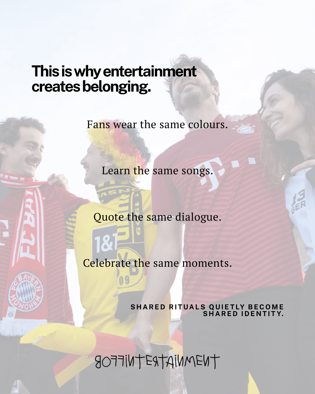 A group of enthusiastic fans in colorful scarves and jerseys celebrating together, conveying the theme of belonging through shared entertainment experiences.