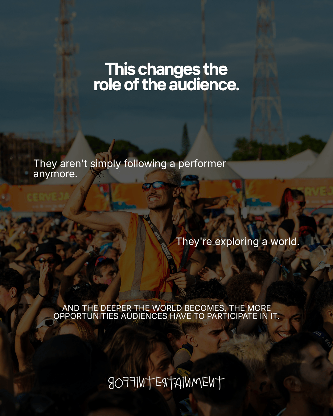 A lively crowd at a festival with people enjoying the event, some celebrating and interacting, while a text overlay discusses the changing role of the audience in experiencing performances.