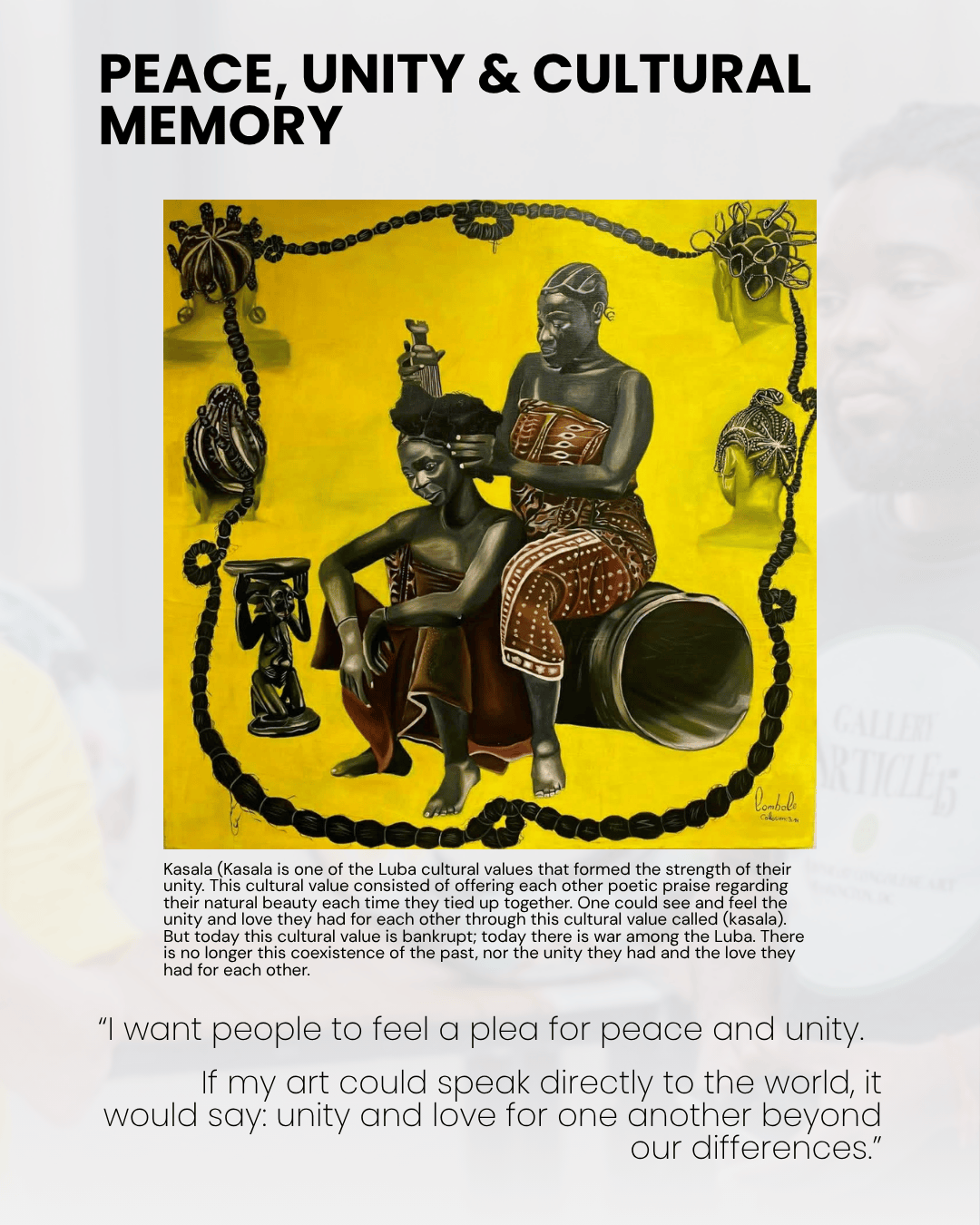 Artistic representation themed around peace, unity, and cultural memory, depicting figures engaged in a traditional bonding activity. The background features symbolic elements related to Luba culture and unity concepts.