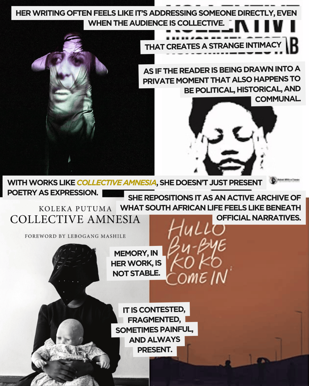 An artistic montage featuring a person with a projected face, quotes about poetry and memory, and imagery related to the themes of intimacy, political commentary, and historical narratives.