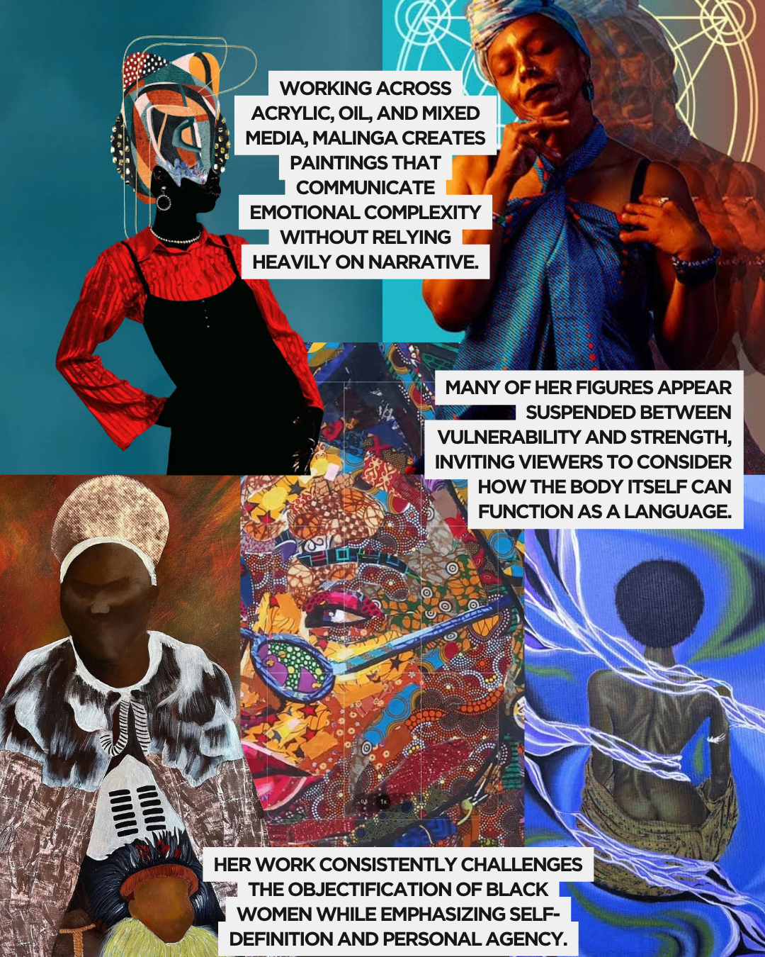 An artistic collage featuring various figures and text discussing the work of Malinga, an artist who uses acrylic, oil, and mixed media to explore themes of emotional complexity, vulnerability, strength, and the objectification of Black women.