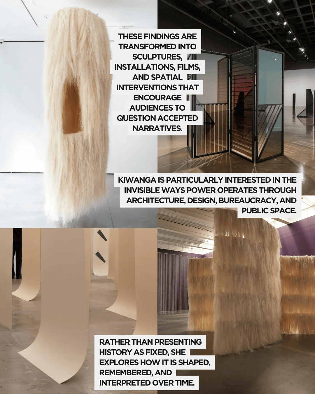 Art exhibition featuring sculptures and installations that challenge conventional narratives and explore the intersection of power, architecture, and public space.