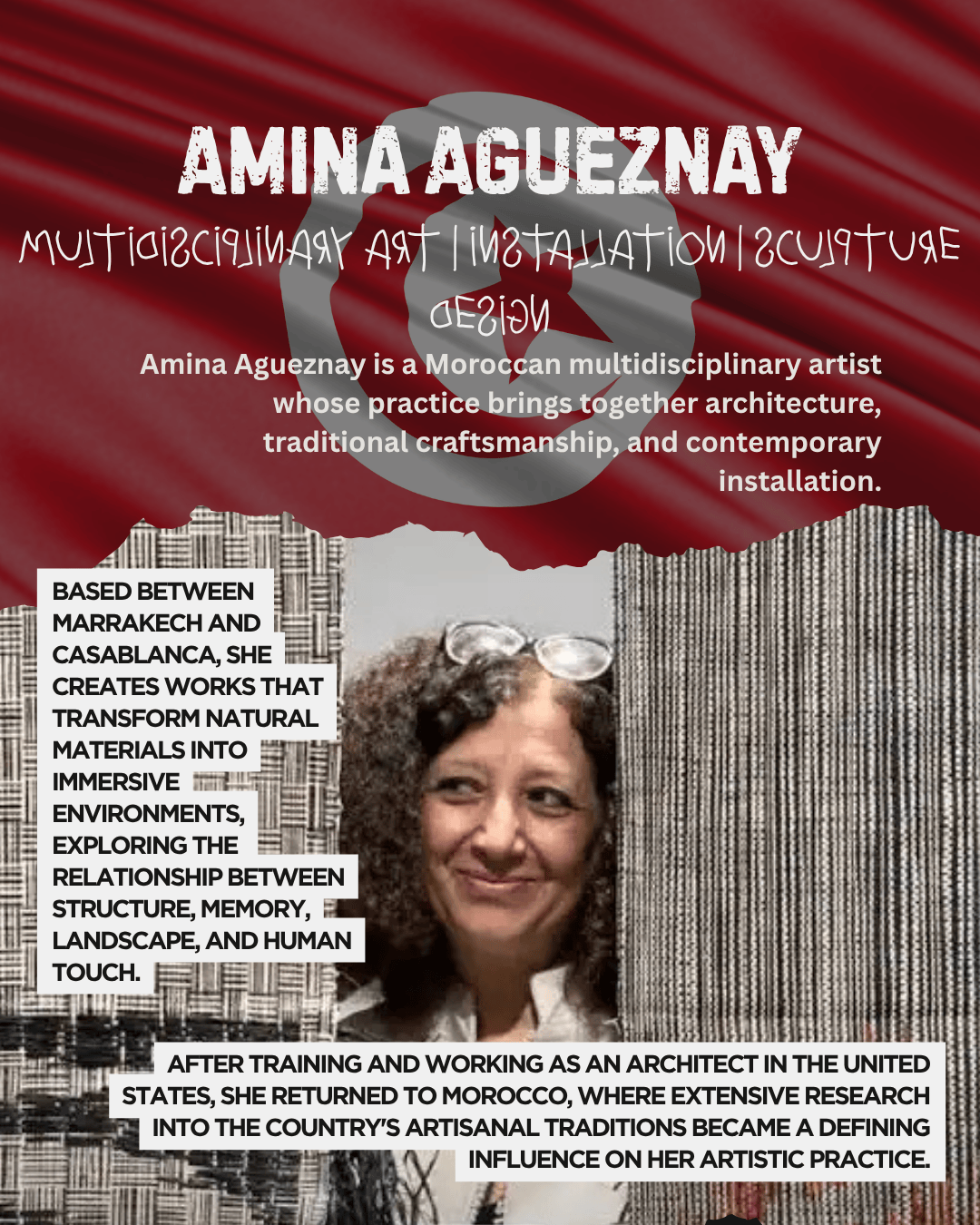 Amina Agueznay, a Moroccan multidisciplinary artist, smiling in front of a textile artwork. Her practice combines architecture and traditional craftsmanship.