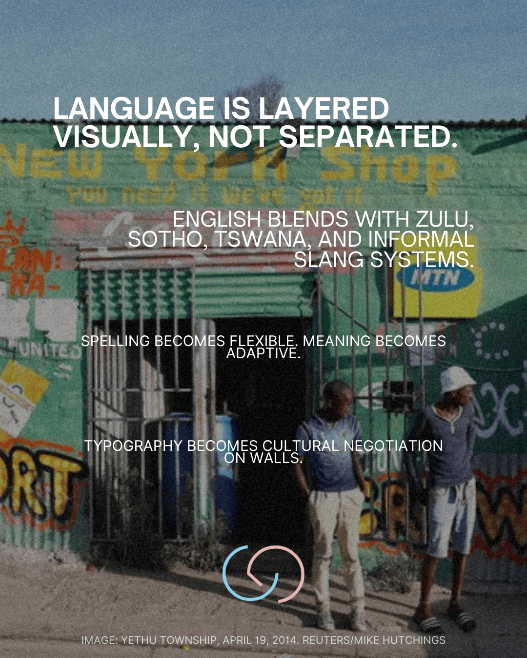 A vibrant street scene in Yethu Township featuring a colorful wall with mixed typography, illustrating the blending of languages and cultural expressions. Two boys stand outside a local shop, emphasizing community interaction and cultural dialogue.