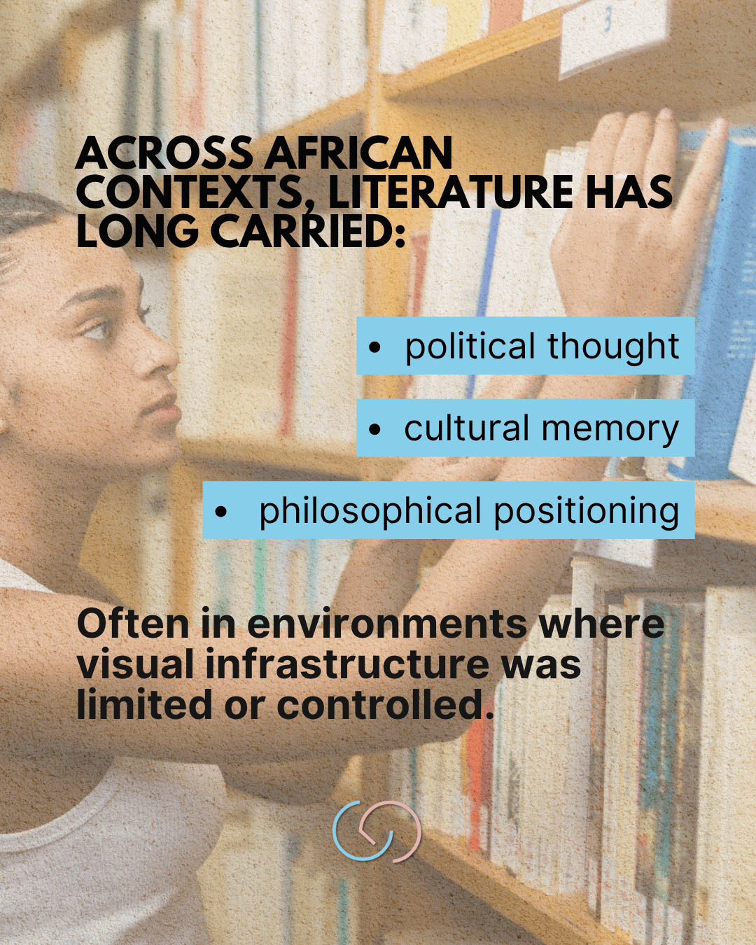 A person looking at books on a shelf, with text overlay discussing the role of literature in African contexts related to political thought, cultural memory, and philosophical positioning.