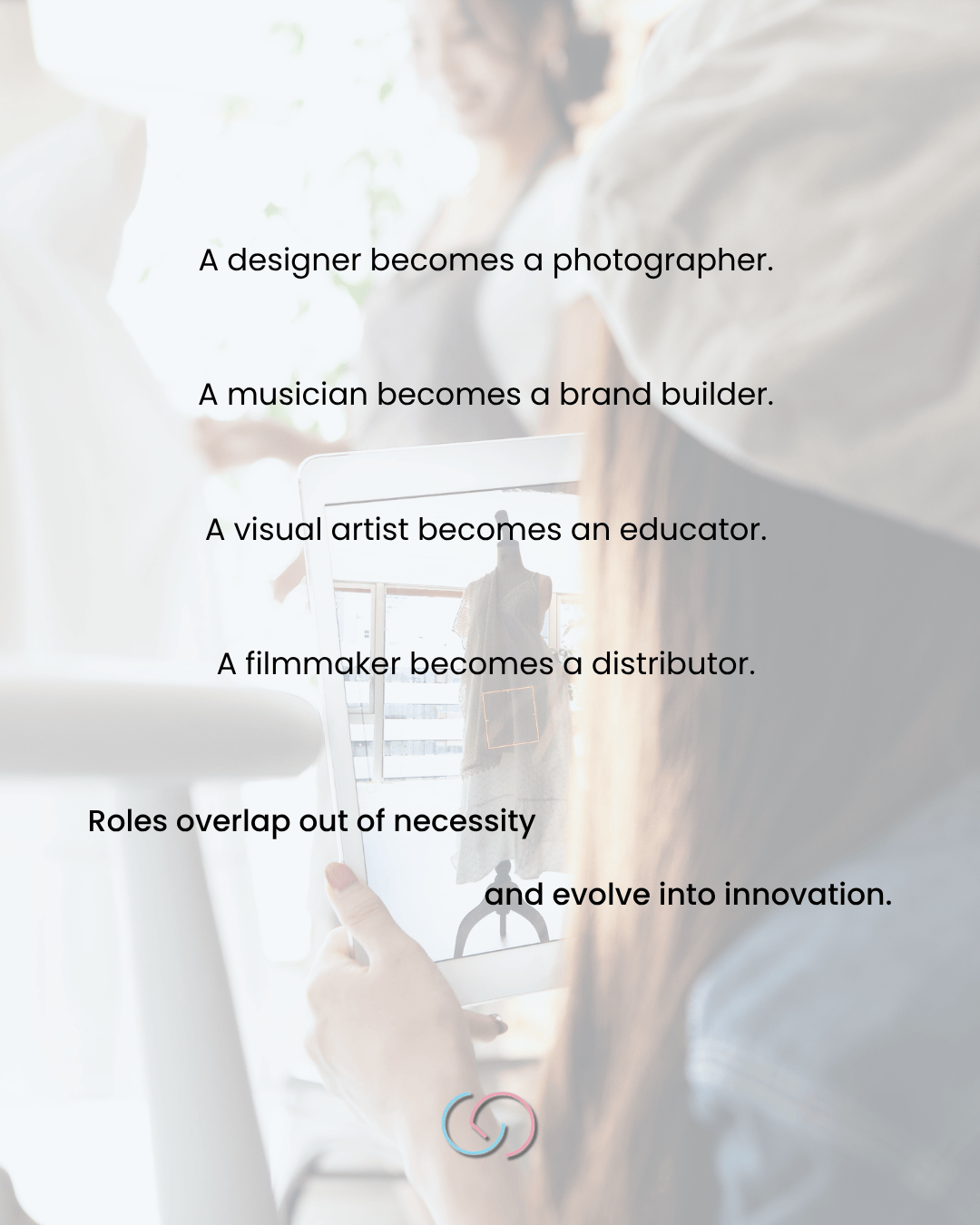 Text graphic illustrating the evolution of creative roles: a designer as a photographer, a musician as a brand builder, a visual artist as an educator, and a filmmaker as a distributor, emphasizing the overlap of roles leading to innovation.