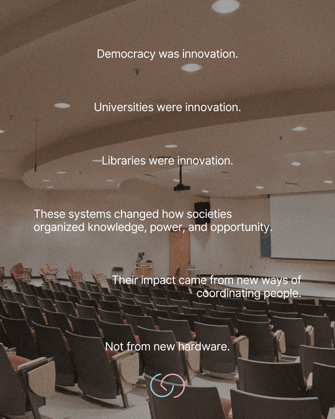 An empty lecture hall with rows of chairs facing a presentation screen, featuring text on innovation related to democracy, universities, and libraries.
