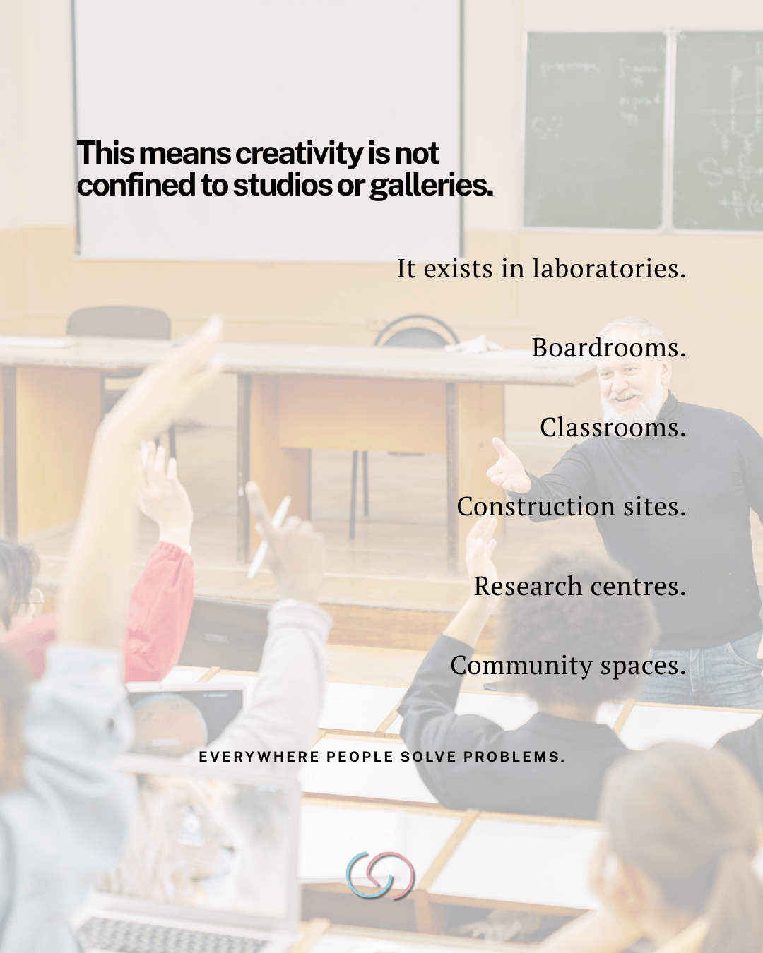 A classroom scene showing students raising their hands to answer questions, emphasizing that creativity exists beyond traditional spaces like studios and galleries.