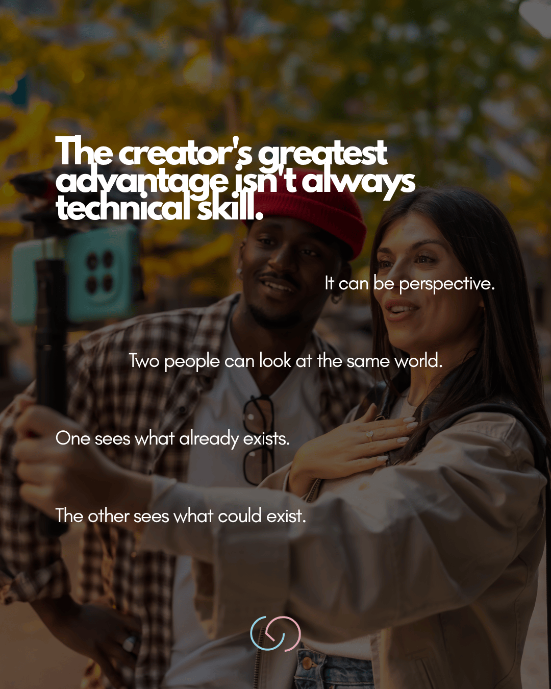 A man and a woman smiling and engaging in conversation outdoors, with trees in the background. The image features text about the importance of perspective in creativity.
