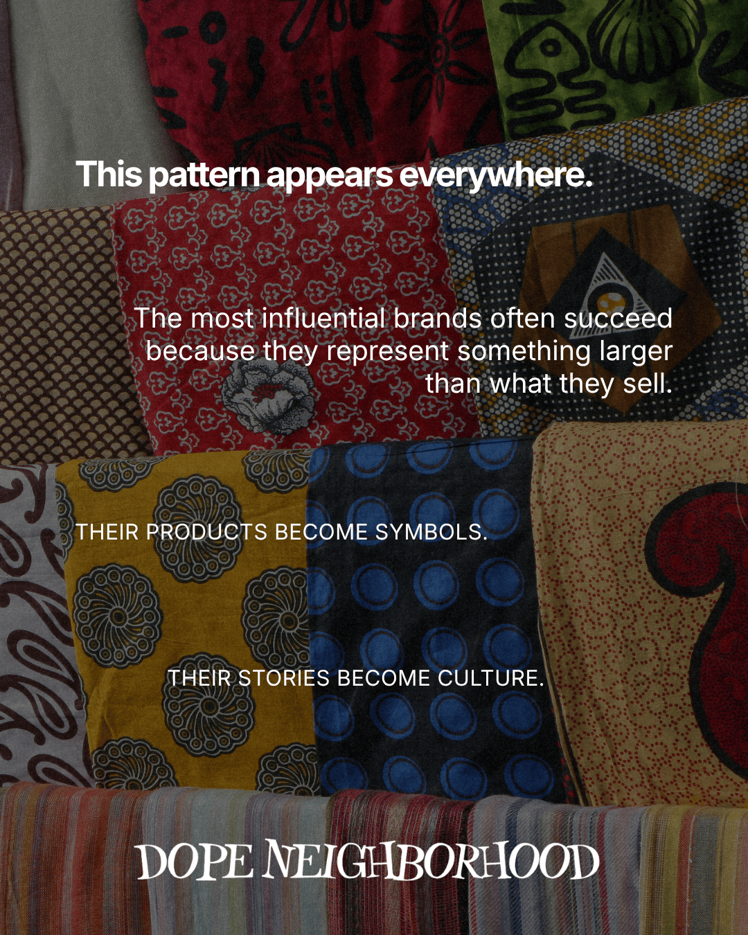A collage of various fabric patterns including floral, geometric, and abstract designs, overlaid with text discussing the significance of influential brands and their cultural impact.