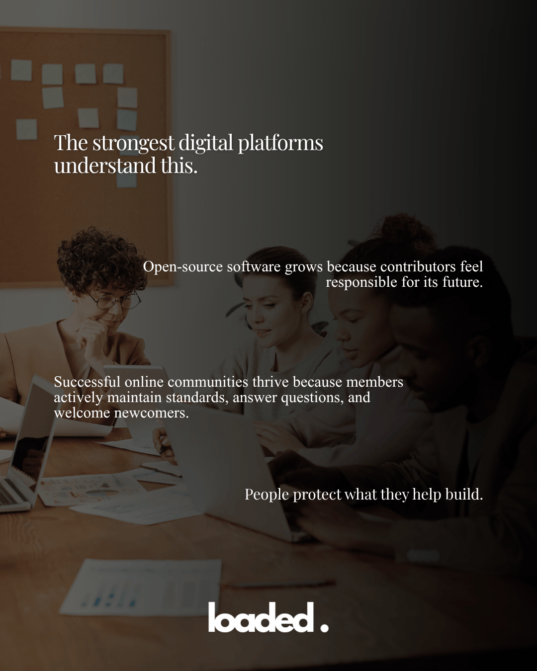A team of diverse individuals collaborating around a table with laptops, discussing ideas related to open-source software and online communities, with text overlay emphasizing their importance.