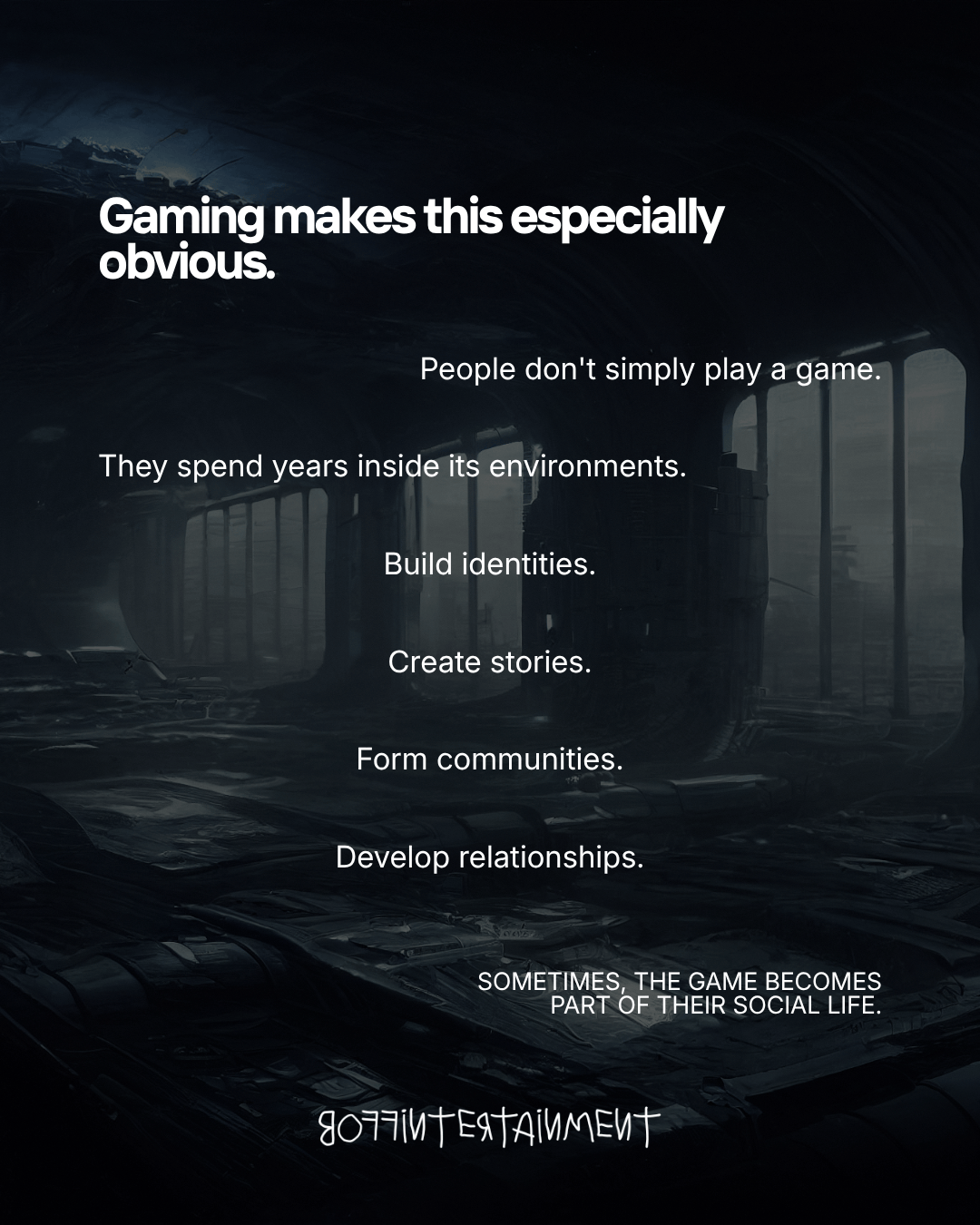 Image featuring a dark, atmospheric background with text discussing the impact of gaming on people's lives, highlighting themes of identity, storytelling, community, and relationships.