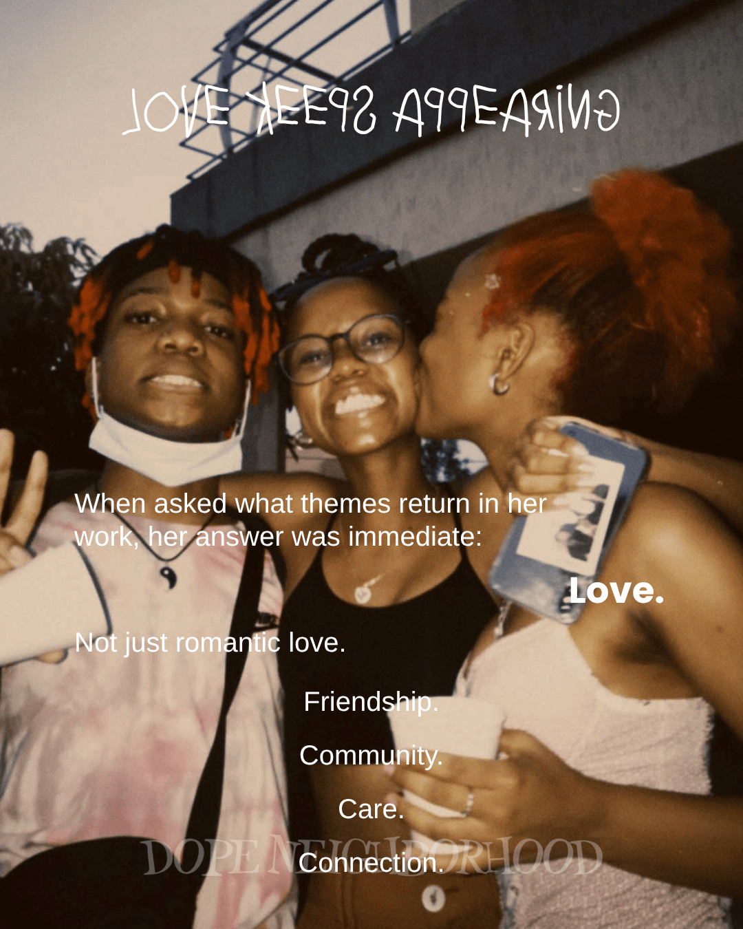 Group of three young people smiling and posing together, showcasing themes of love, friendship, and community. One person is wearing a mask, and they are enjoying drinks.