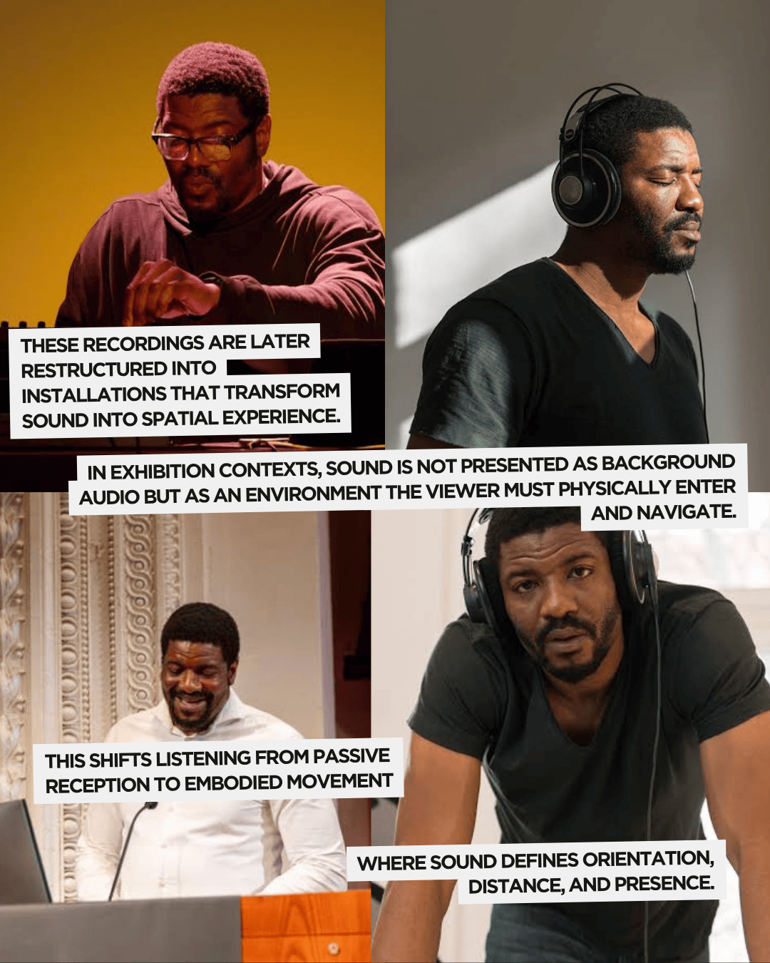 A collage of images depicting individuals engaged in audio recording and listening experiences. The top left shows a person working with sound equipment, while the top right features someone wearing headphones, deeply immersed in audio. The bottom left features another individual smiling while addressing an audience, and the bottom right portrays the same person leaning forward with a focused expression.