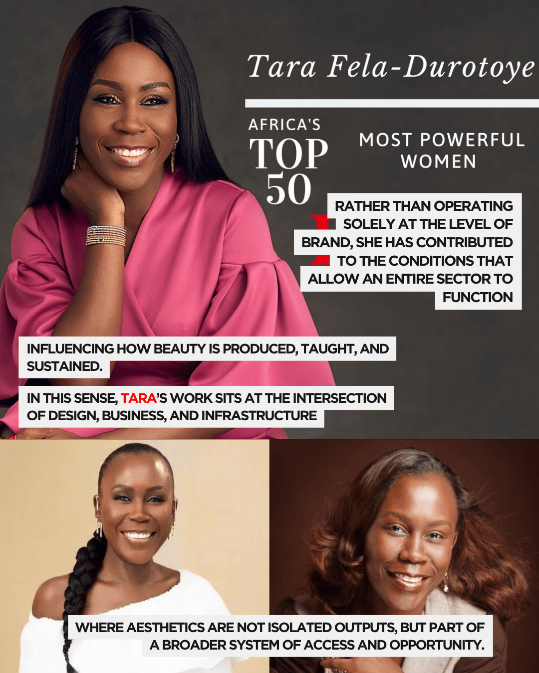 Portrait of Tara Fela-Durotoye, recognized as one of Africa's top 50 most powerful women, highlighting her influence in the beauty sector.