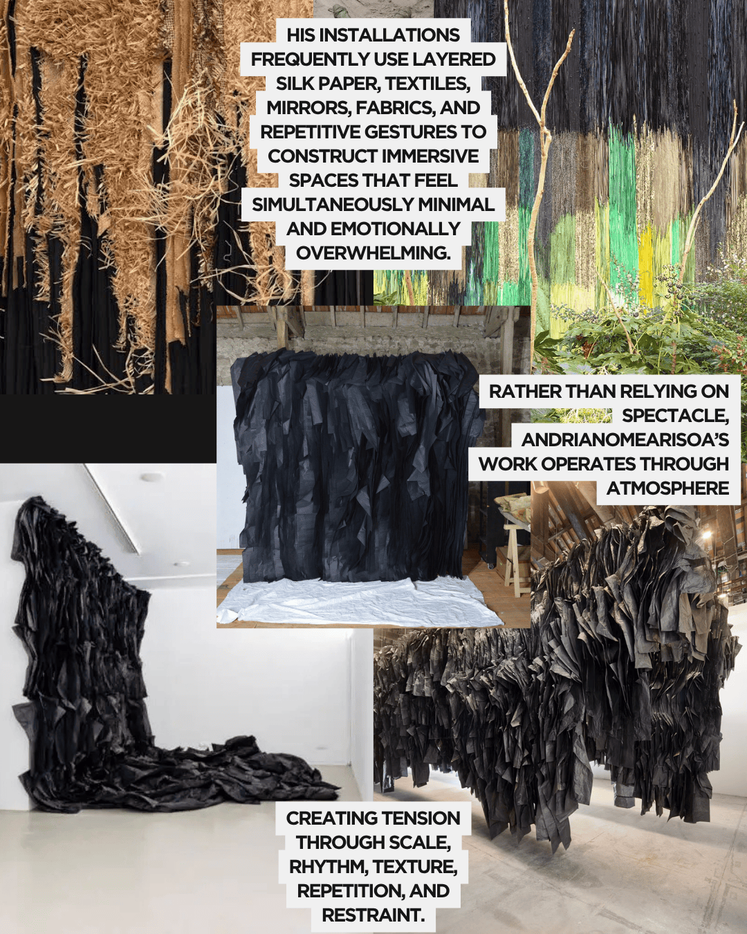 A collage of art installations featuring layered silk paper, textiles, and fabrics in various forms and spaces, illustrating the immersive and emotionally compelling nature of Andrianomearisoa's work.