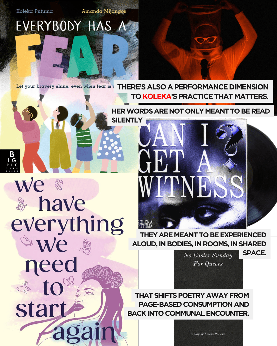 A collage featuring book covers and text relating to themes of fear, performance, poetry, and community, including titles like 'Everybody Has a Fear' and 'No Easter Sunday For Queers'.