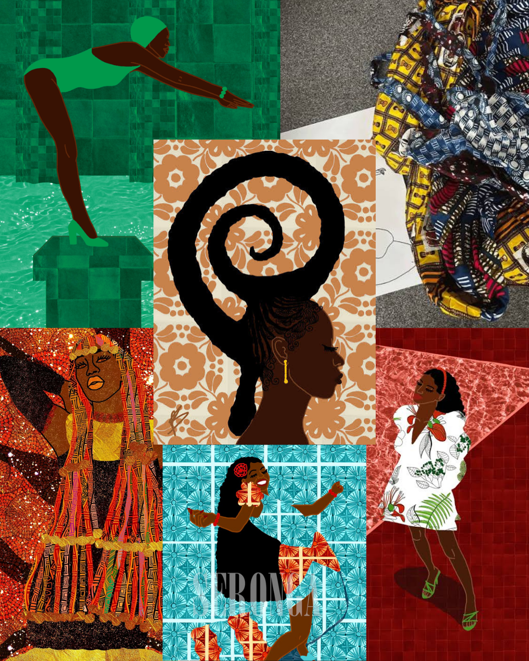 A collage of vibrant digital illustrations featuring Black women in various poses, including a swimmer diving, a figure with large curly hair, and women dancing. The background includes colorful patterns and textures.
