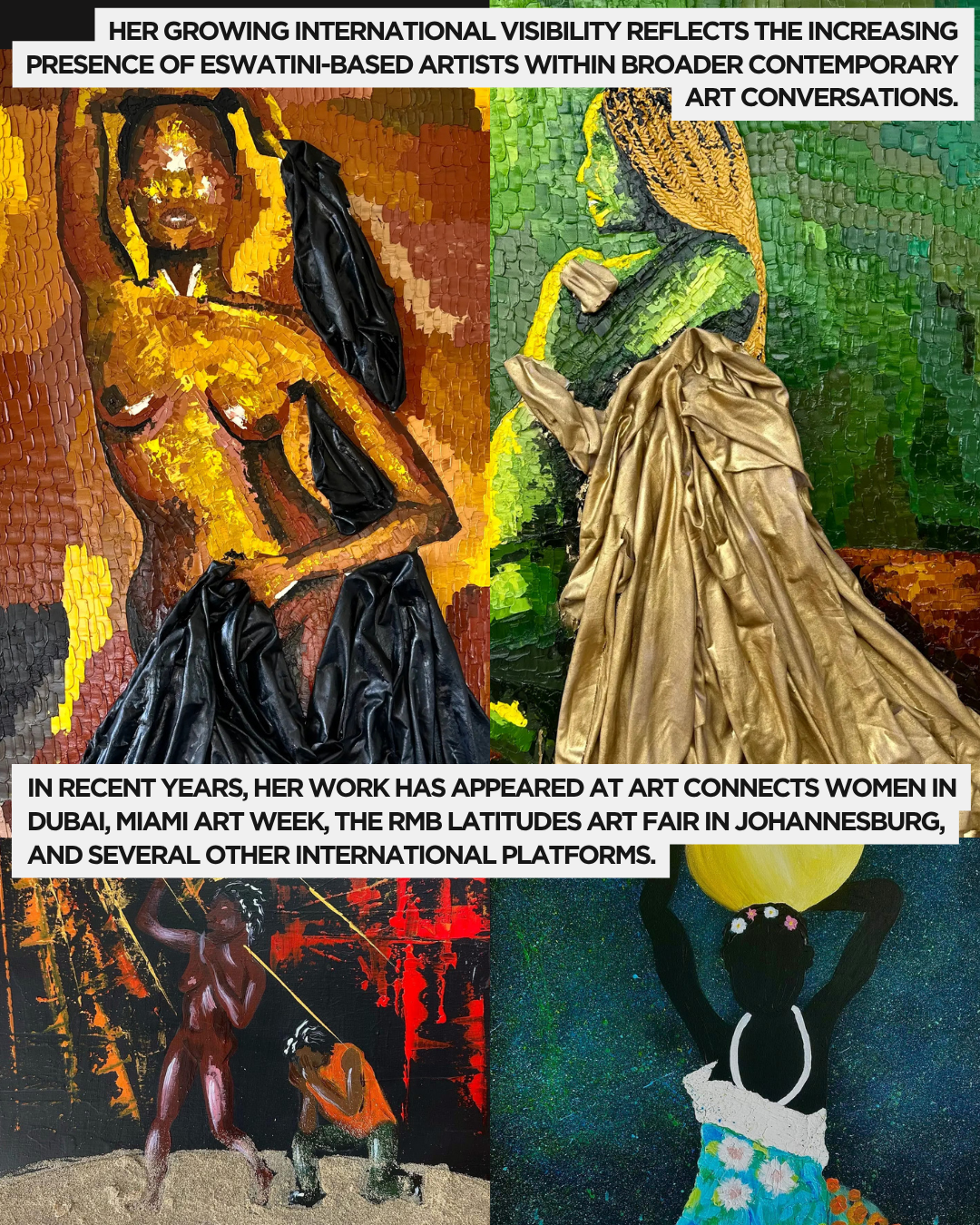 A collection of vibrant artworks featuring figures of women, showcasing various textures and colors. The top left piece features a woman with an artistic interpretation of skin tones, while the top right showcases a figure draped in gold. The bottom left piece displays two figures in dynamic poses, and the bottom right depicts a woman with an elaborate headdress against a dark background.