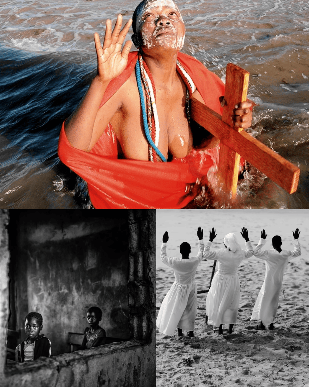 A woman in a red garment stands in the water with a wooden cross, looking upwards with a serene expression.