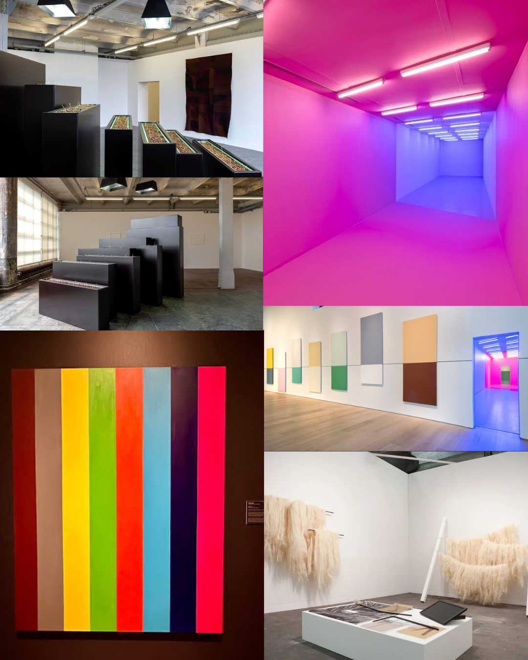An art gallery featuring various installations and artworks, including minimalist sculptures, colorful paintings, and immersive lighting.