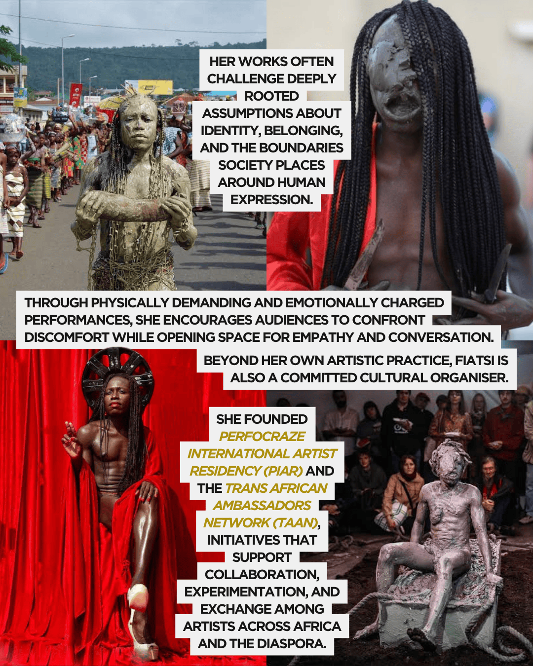An artistic performance scene featuring a person covered in natural materials, symbolizing identity and expression, with a crowd observing and engaging in reflection.