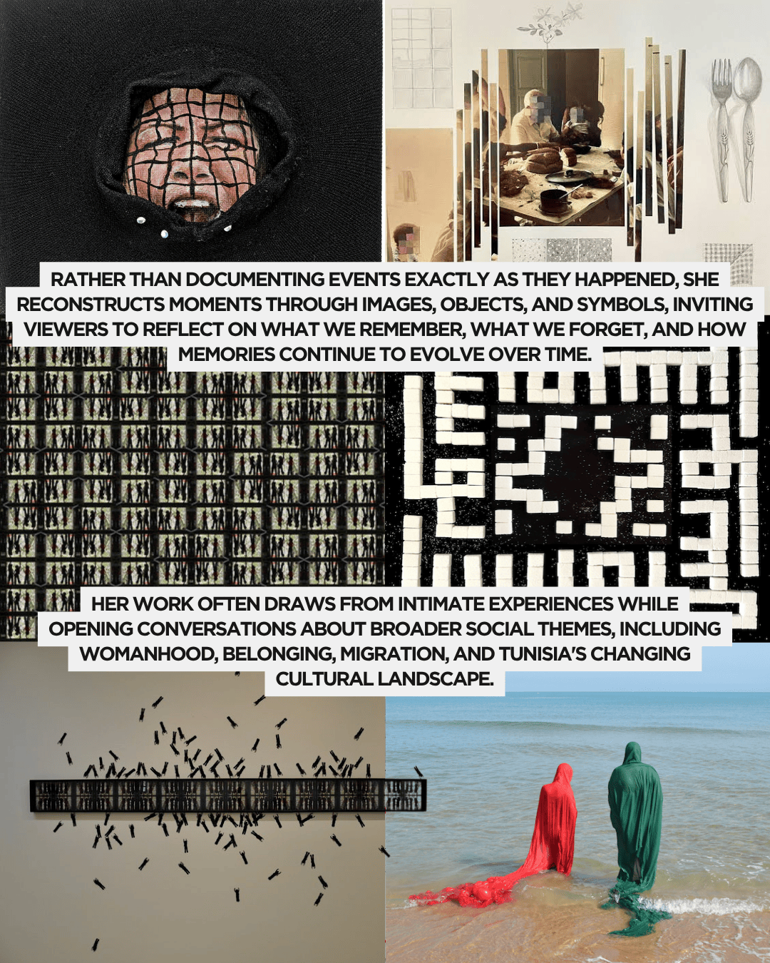 A collage of art pieces exploring themes of memory and social identity, featuring a mix of photographs, objects, and symbols.