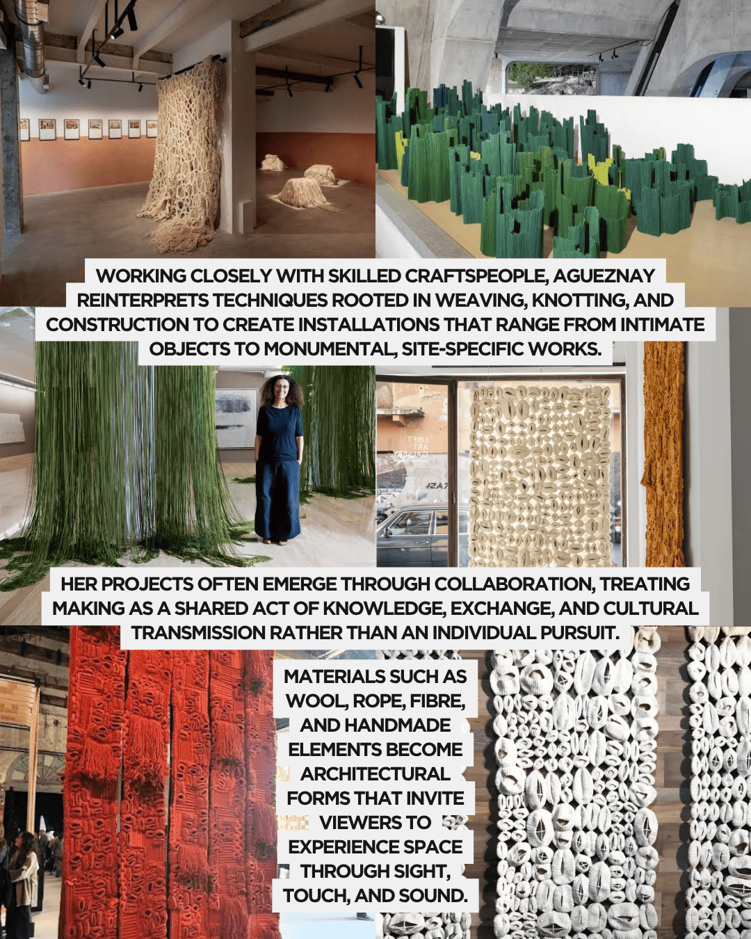 An art installation showcasing fabric and fiber works, including woven and knotted elements, displayed in a gallery setting with various textures and colors.