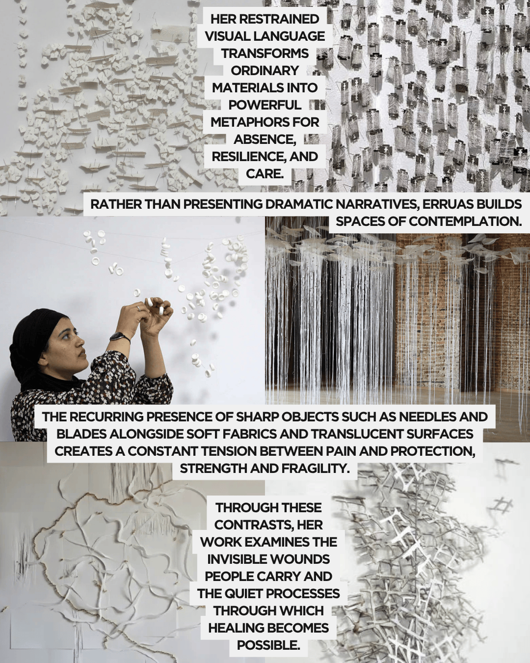 An artist arranging white materials in a contemplative installation, exploring themes of absence and resilience.