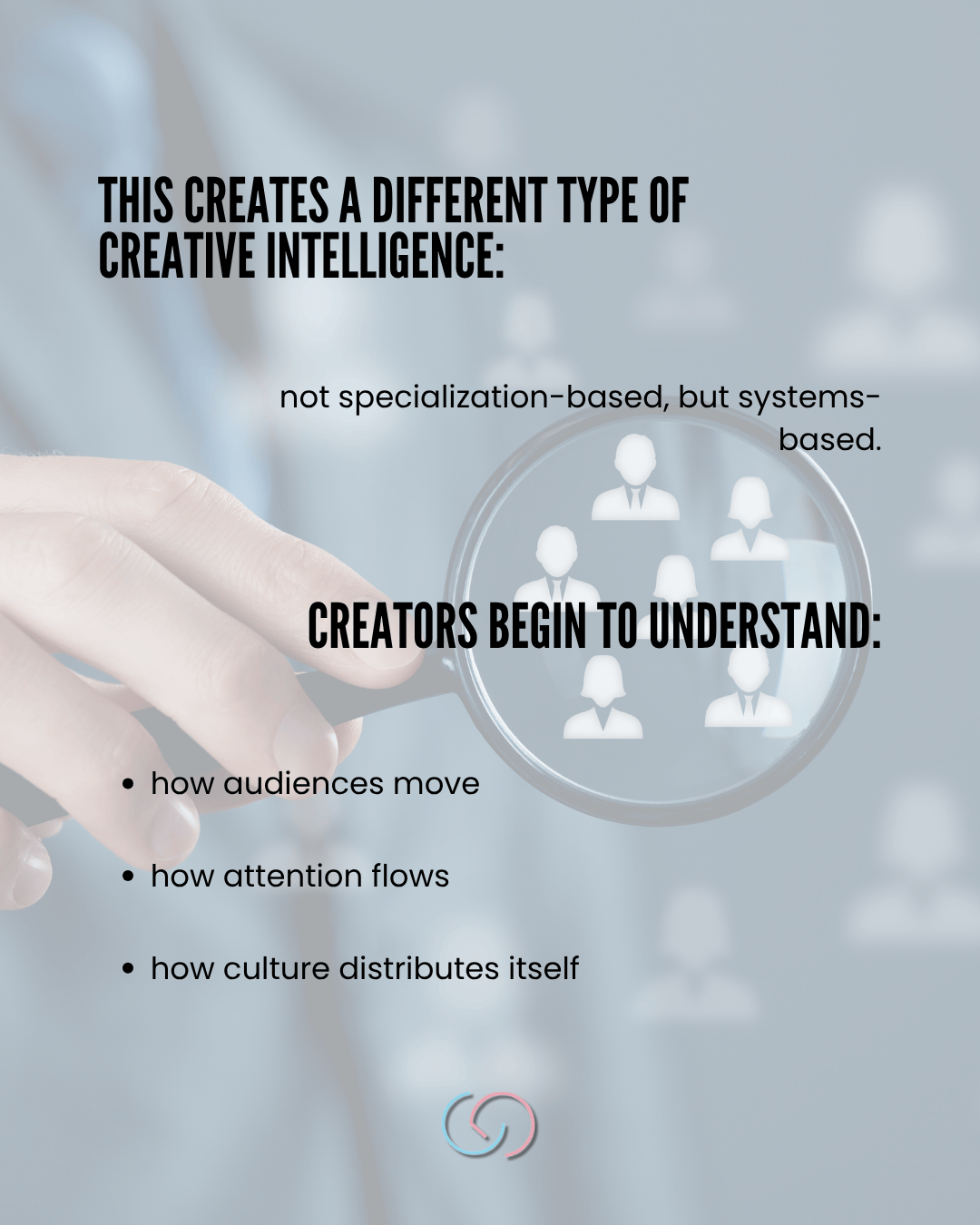 A hand holding a magnifying glass, focusing on icons representing people, with text discussing creative intelligence and understanding audience dynamics.