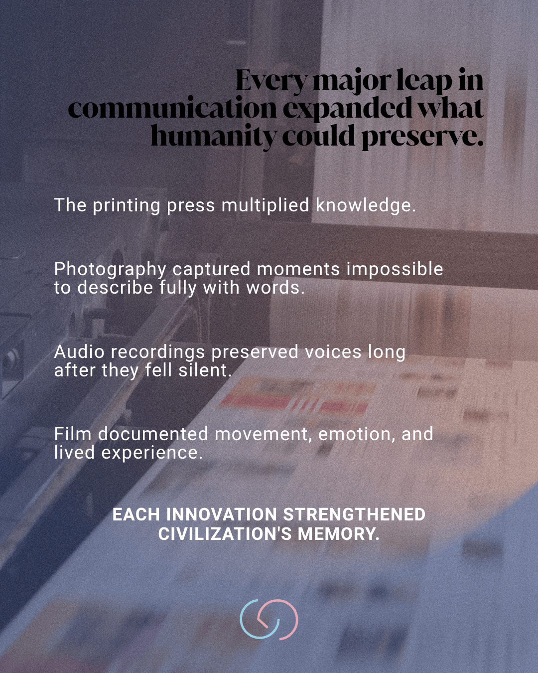 A digitally designed poster with text emphasizing how innovations in communication, like the printing press, photography, audio recordings, and film, have enhanced humanity's ability to preserve knowledge and memories.