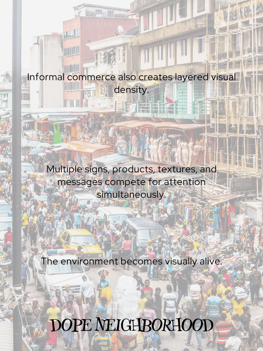 A busy street market filled with people, shops, and vibrant colors, showcasing informal commerce with numerous signs, products, and textures.