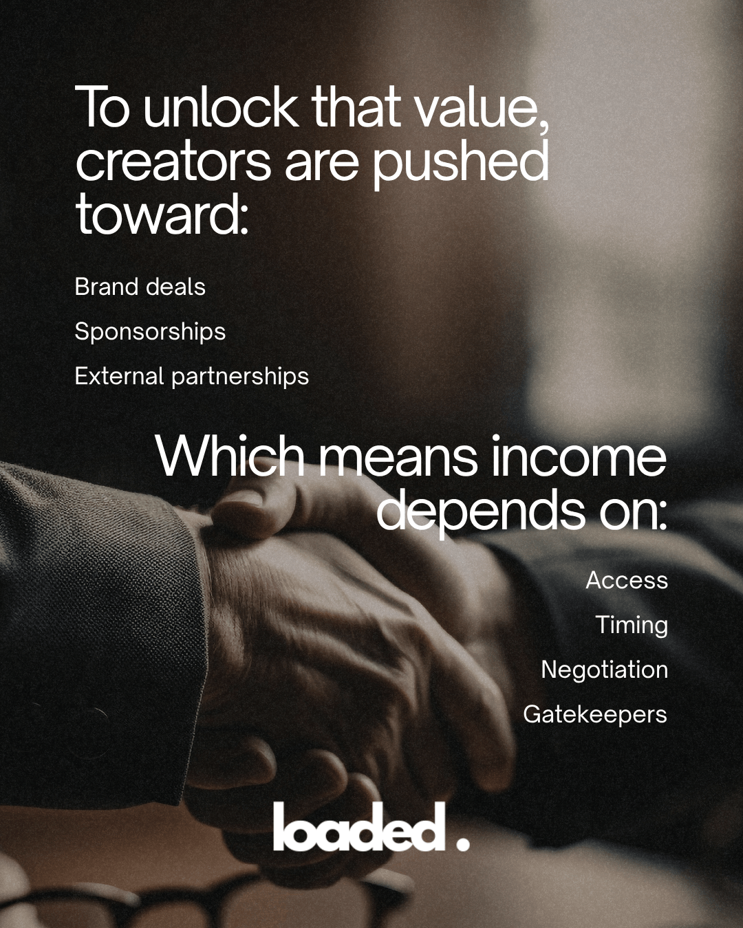 A close-up of two hands shaking, symbolizing partnership or agreement, with text discussing the importance of brand deals, sponsorships, and timing for creators.