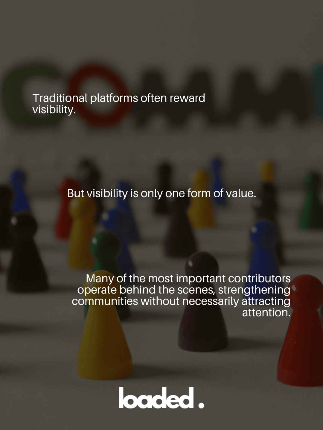 Colorful game pieces arranged on a table, with text overlay discussing visibility and community contributions.