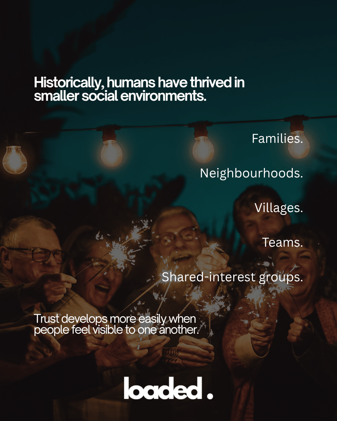 A group of diverse people joyfully holding sparklers outdoors, surrounded by string lights, with text highlighting the importance of smaller social environments.