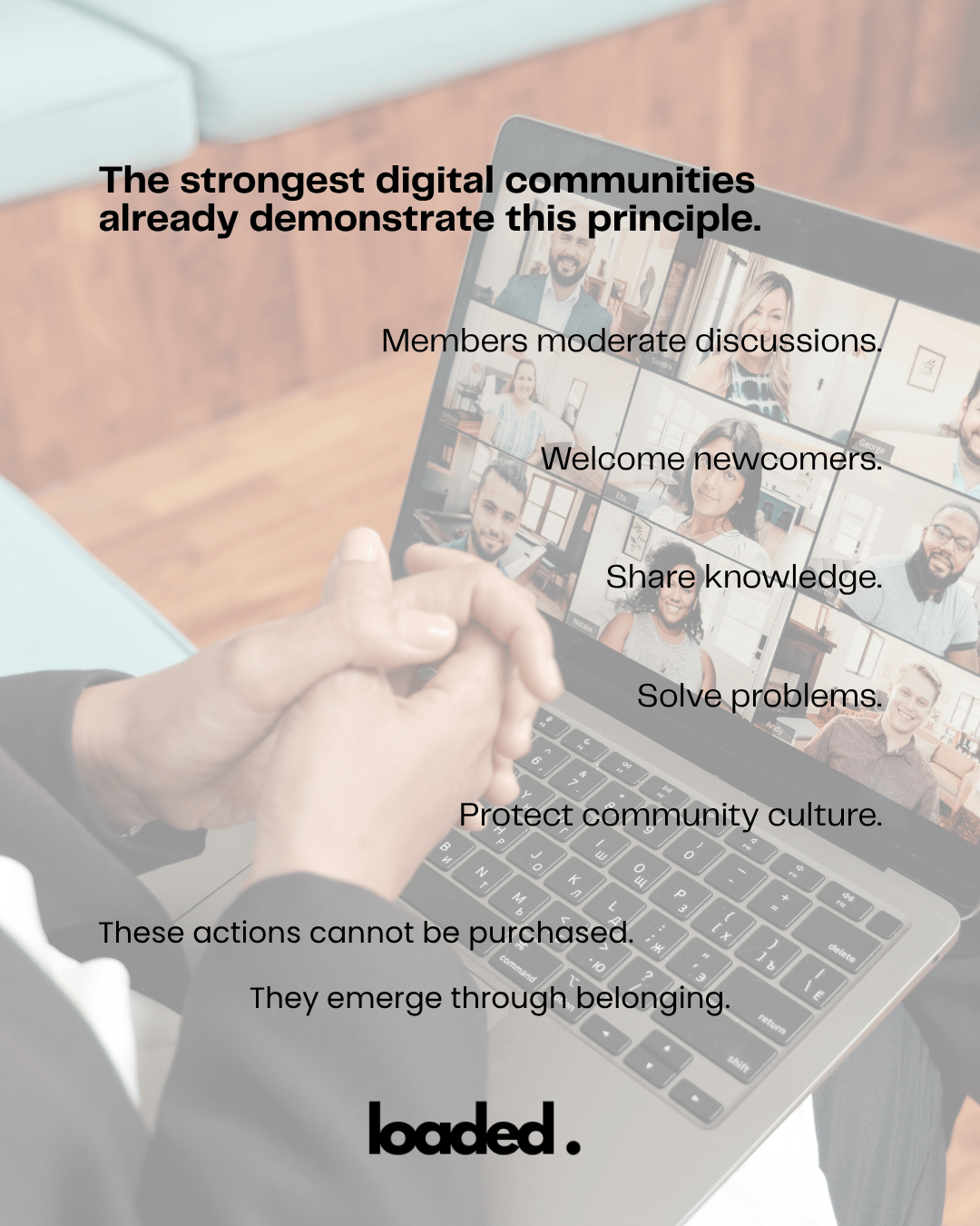 Close-up of hands clasped over a laptop displaying a video call with multiple participants, emphasizing community engagement and support.