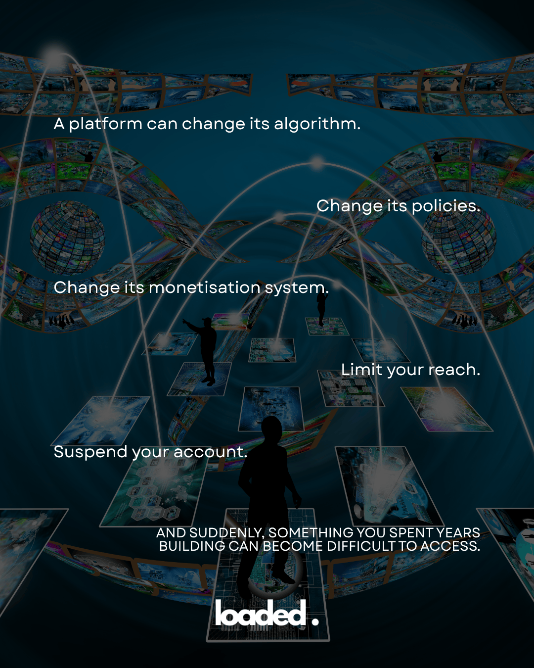 An abstract representation of digital content and algorithms with phrases illustrating the impact of platform policy changes on content creators and accessibility.