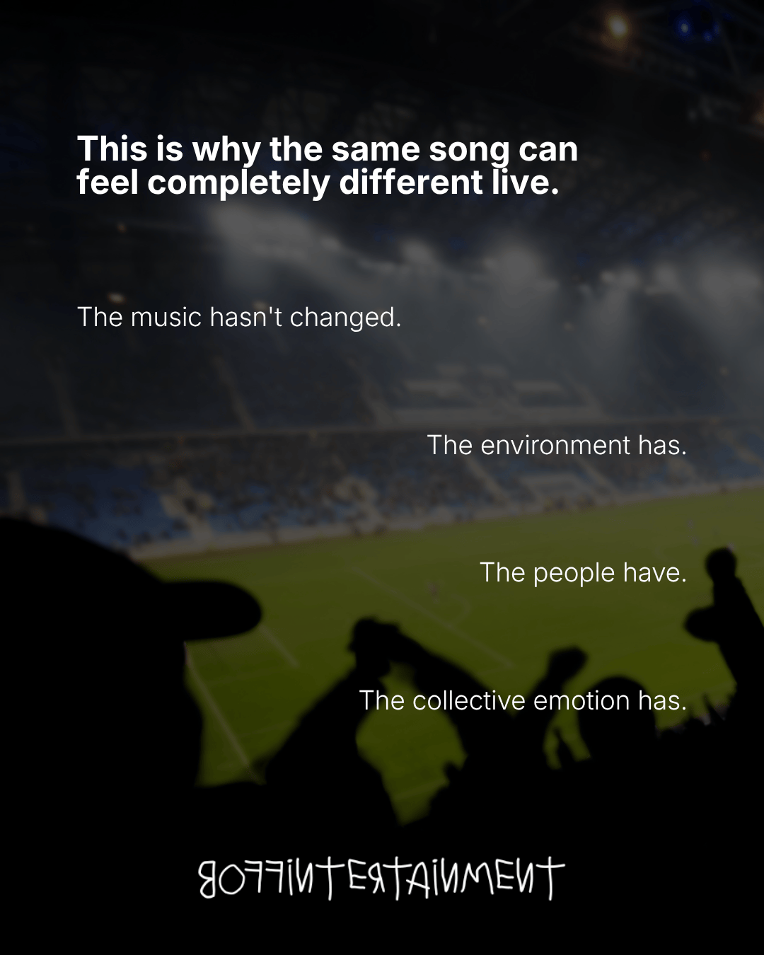 A crowd silhouette at a live music event, with dim lighting and a stage in the background, accompanied by text discussing how live performances evoke different feelings.