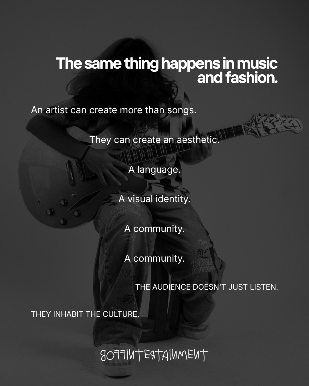 A person with long hair playing a guitar while seated, surrounded by text discussing the broader impact of artists beyond music, including aesthetics, language, visual identity, and community.