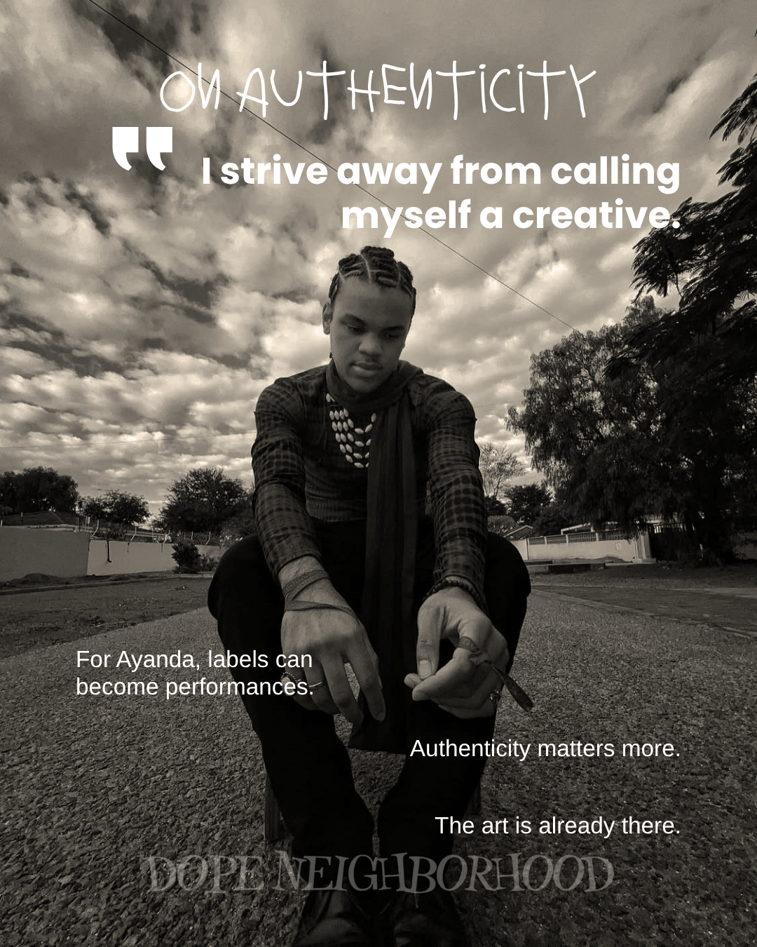 A person sitting on the ground with a contemplative expression, dressed in a black outfit with adornments, holding a pen. The background features a cloudy sky and trees, accompanied by text about authenticity.